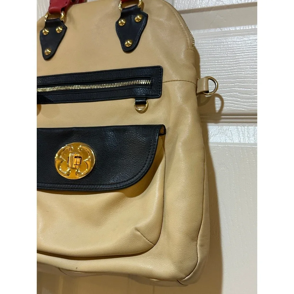 Emma Fox Leather Colorblock Satchel Backpack Beige Black Red Gold Turn Lock